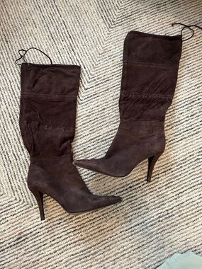 Bandolino Women's Tall Pointed-Toe Suede Boots Kitten Heel Dark Brown Size 9